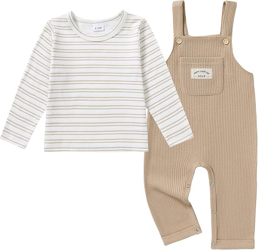 ZOEREA Toddler Baby Boys Clothes Outfit Long Sleeve T-Shirt and Romper Set Cute Jumpsuit Overalls Solid Color 6M-4T