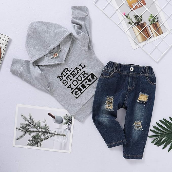 NZRVAWS Baby Boy Clothes Toddler Boy Outfit 2 3 4T 6 12 18 24 Month Fall Winter Hoodie Ripped Jeans Clothing