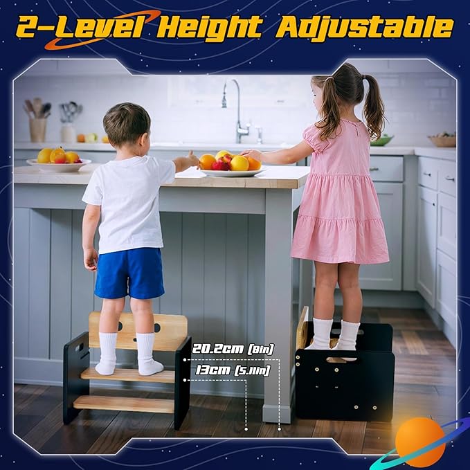 COSYLAND Kids Step Stool for Bathroom - Lovely Robot Shaped Potty Training Stool Toddler Step Stool for Toilet - Adjustable Height Kids Stepping Stool with Handle (Natural & Black)