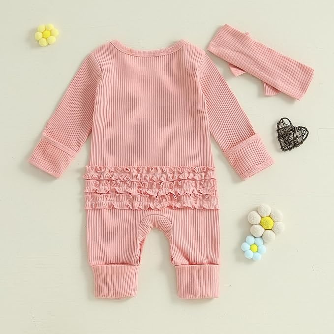 Newborn Girl Clothes Baby Girl Coming Home Outfit Zipper One-piece Outfits Ruffle Footie Bodysuit Jumpsuit Headband