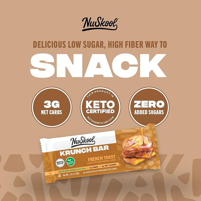 NuSkool Snacks French Toast Keto Friendly Protein Krunch Bars (12 Pack) - 7g Fiber, 10g Clean Plant-Based Protein, 3g Net Carbs - Gluten-Free, Non-GMO, Vegan, Low Carb Keto Healthy Breakfast Snack