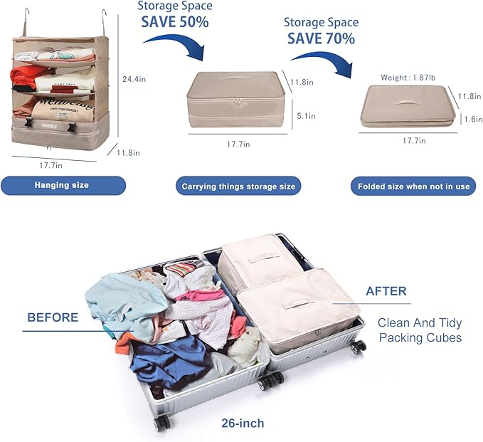 TABITORA Portable Hanging Travel Shelves Bag Packing Cube Organizer Suitcase Storage Large Capacity (Beige XL)…