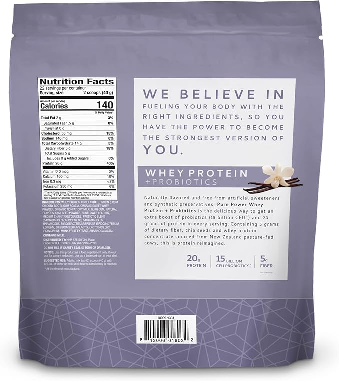 Dr. Mercola Pure Power Whey Protein + Probiotics - 15 Billion CFU - Gut, Muscle & Immune Support - with MCTs & Fiber - Non-GMO & Gluten-Free - 31 oz (22 Servings) - Vanilla