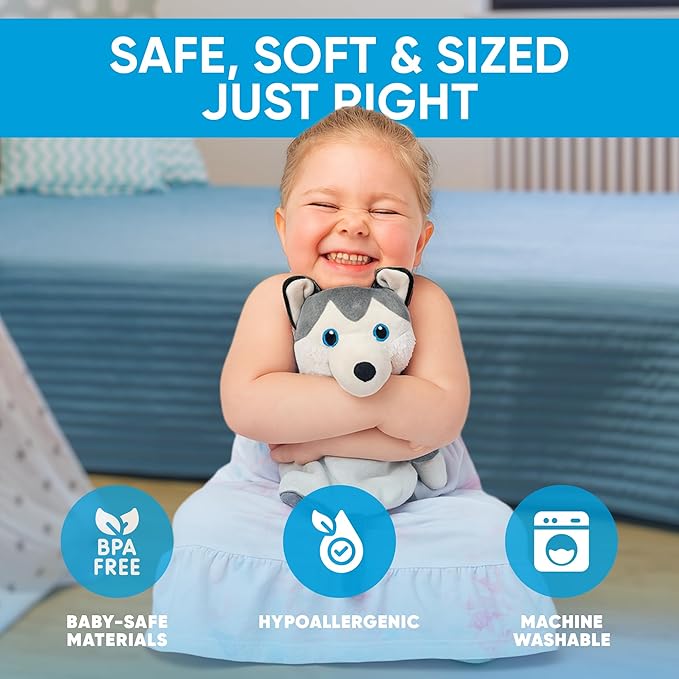 Love By Emi Baby Music Lovey Grey & White Husky, Baby Sleep Soother for Crib & Cuddle Bedtime, White Noise with Heartbeat & Lullaby, Plush Sound Toy, Stuffed Animal for Newborns, Infants & Toddlers