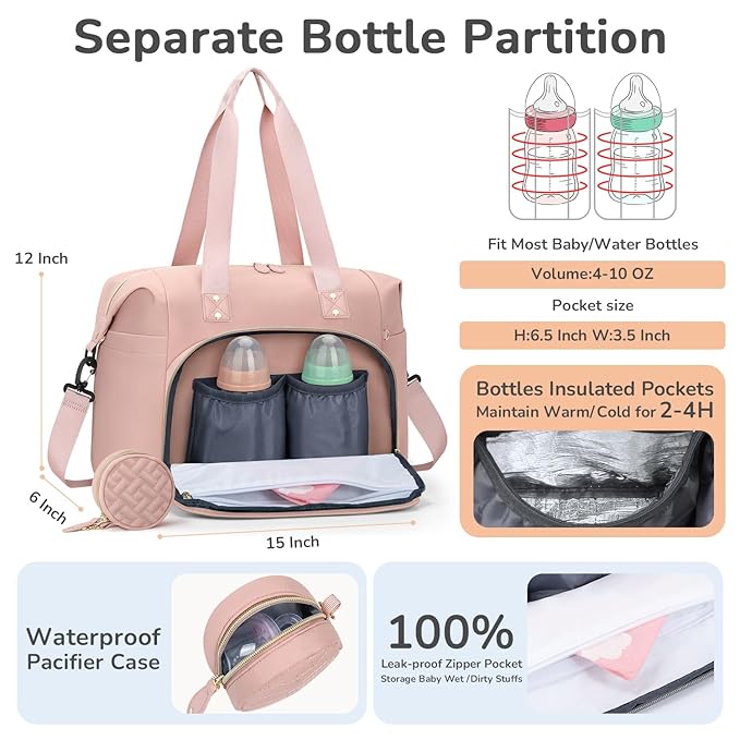 Diaper Bag Tote, Baby Bag Travel Diaper Tote Bag with Pacifier Case, Cute Maternity Hospital Baby Stylish Diaper Tote for Mom Dad Medium Size, Pink