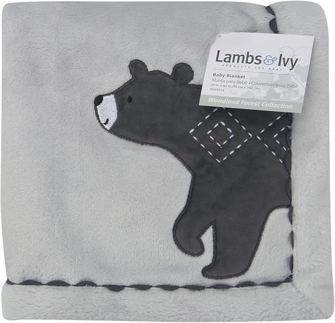 Lambs & Ivy Woodland Forest Gray Fleece Bear Nursery Baby Blanket