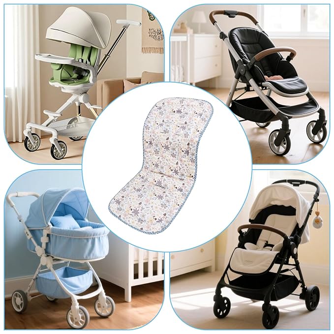 Baby Stroller Cushion,Infant Car Seat Insert-Reversible Universal Breathable and Soft Newborn Stroller Mat,100% Cotton Cover Toddler Seat Pad Liner-34x78cm,1 Pack(Colorful Flowers+Blue Triangle)