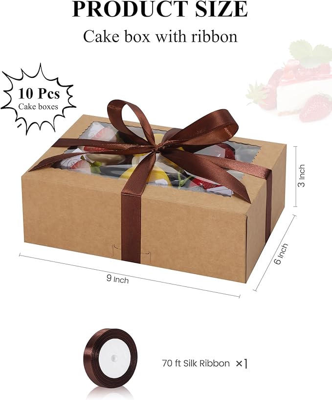 COTOPHER 10Pcs Cookie Boxes with Ribbons, 9x6x3 Inch Bakery Boxes with Window, Brown Treat Containers for Pastries, Chocolate Covered Strawberries, Dessert, Easter Candy, Muffins, Donuts