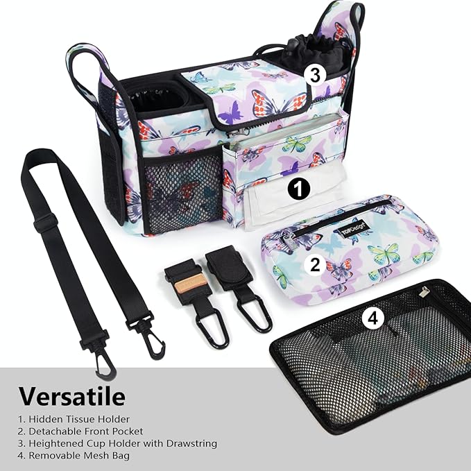 TOPDesign Universal Baby Stroller Organizer, Stroller Caddy with Detachable Mesh Bag & Heightened Insulated Cup Holders & Non-Slip Secure Hooks Accessories, Fits Most Strollers (Butterfly)