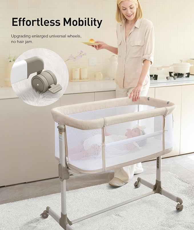 Fodoss Baby Bassinets Bedside Sleeper - All Mesh Bedside Bassinet with Wheels, 7 Height Adjustable Baby Bassinet for Infants, Beige