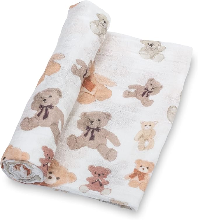 LollyBanks Muslin Swaddle Blankets for Boys and Girls, Large 47 x 47 Inches Soft Swaddles for Newborns, Breathable and Lightweight 100% Cotton Baby Receiving Blankets, Registry (Teddy Bear Theme)