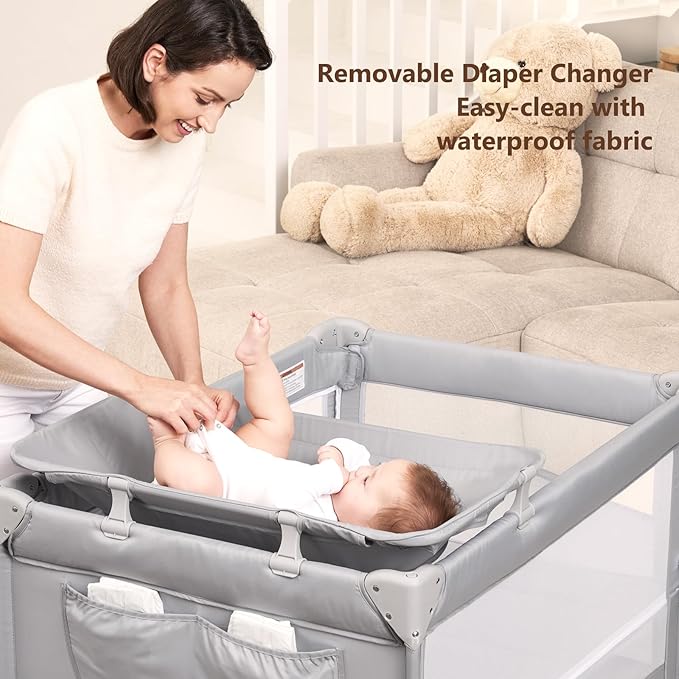 ANGELBLISS Baby Bassinet Bedside Crib, Pack and Play with Mattress, Diaper Changer, One-Push Setup Playards from Infants to Toddlers (Grey)