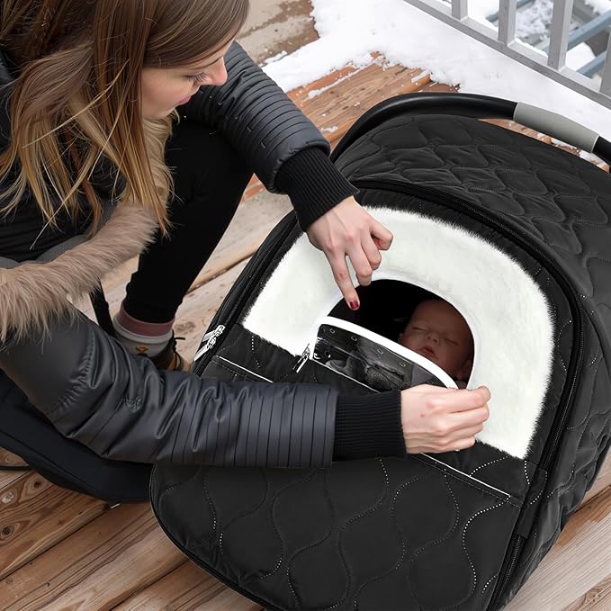 Winter Baby Car Seat Cover, Waterproof, Windproof Warm Fleece Breathable with Full Zipper for Newborn Car Seat, Black