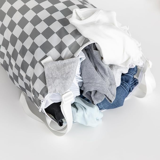 Bumkins Waterproof Hanging Wet Bag Large for Baby, Laundry, Dirty Clothes, Travel, Swim Suit, Cloth Diapers, Pool, Towels, Daycare, Beach, Zip Reusable Bag, Wetdry Vacation Packing, XL Gray Check