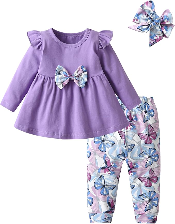 3PCS Baby Girl Clothes Ruffle Floral Shirt Tops Pants Headband Outfit Sets