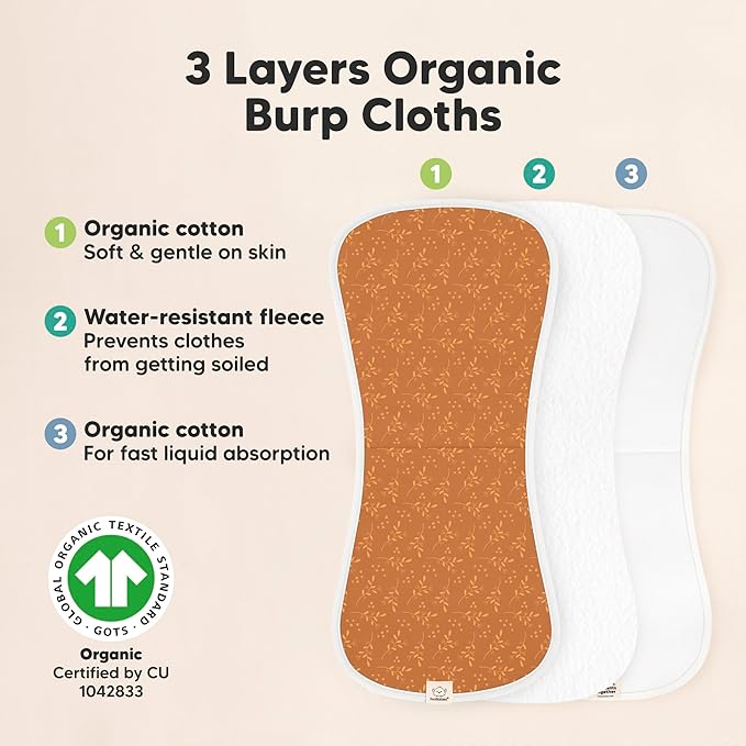 Organic Burp Cloths Baby Boy & Girl - 5-Pack Super Absorbent Cotton Burping Cloths for Babies, Soft & Plush Newborn Spit Up Rags, Infant Towels for Milk Spit Up, Unisex, Large 21" x 10" (Fall Spores)