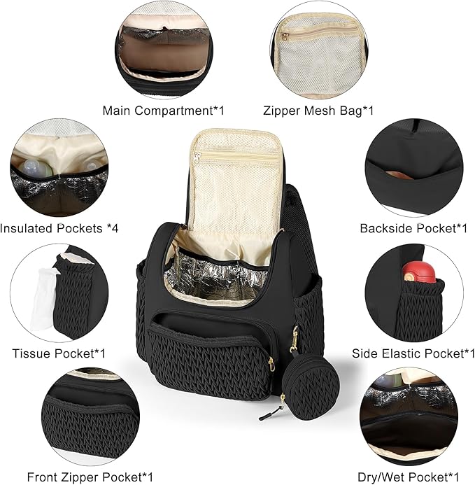 Geestock Diaper Bag Small Diaper Backpack, Stylish Quilted Baby Backpacks, Mini Maternity Bags, with Changing Pad, Pacifier Case & Stroller Straps, Parents Essentials Diaper Bag, Black