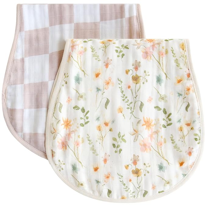 LifeTree Muslin Baby Burp Cloths - Soft 2 Pack Viscose Bamboo Cotton Large 22'' by 10'' Absorbent Milk Spit Up Rags - Burping Cloths for Newborn, Girls Boy (Floral & Checkerboard)