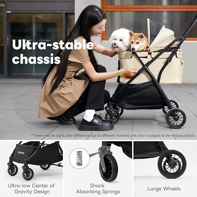 【One-Pull Open Ver.】 PETTENA Dog Stroller for Small Dogs, One-Touch Foldable Dog Stroller for Small/Medium Dogs Cats up to 44 Lbs, Khaki