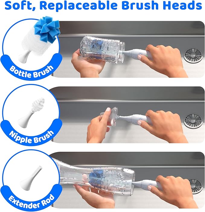Electric Bottle Brush Cleaner, IPX7 Waterproof Baby Bottle Cleaner Kit with Replaceable Nipple Brush & Extender Rod, 2 Speed Modes, 360° Auto Cleaning, 2000mAh Battery, Rechargeable, Blue