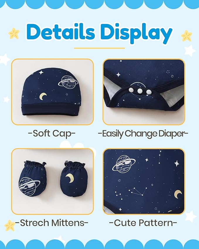 NZRVAWS Newborn Baby Boy Girl Clothes Unisex Infant Romper Pants Set Hat 4-Pack Outfits 0-12 Months 16 Pieces Toddler