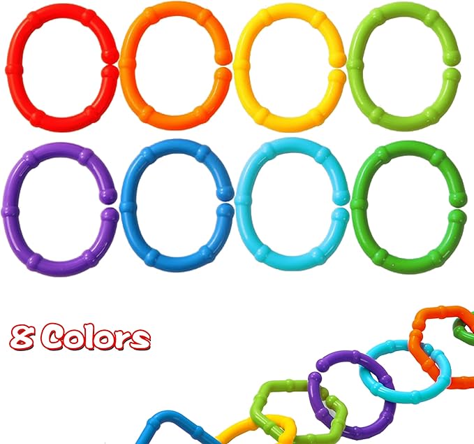RAINBOW TOYFROG Baby Links Rings - 35 Geometric Linking Chains for Infants & Toddlers - Safe Teething and Sensory Development Toys - Car Seat & Stroller Accessories