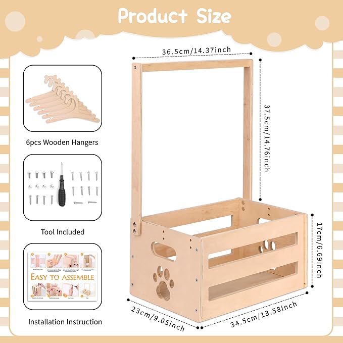 Wooden Baby Shower Crate Closet, Baby Basket with Handle Baby Storage Crate Hamper, Baby Welcome Gifts with 6 Pieces Teddy Bear Wooden Hangers, Baby Personailzed Basket for Pregnancy New Parent