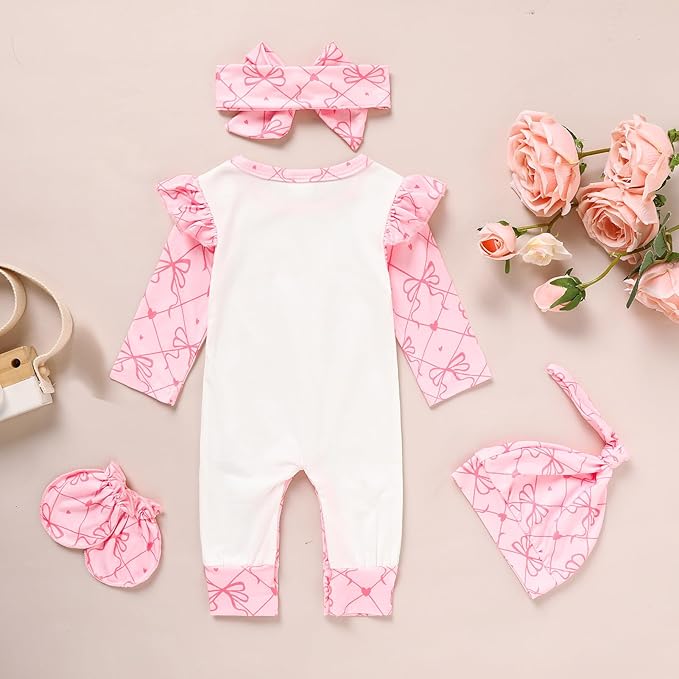 GRNSHTS Newborn Baby Girl Romper Infant Letter Print Jumpsuit Floral Bodysuit+Hat+Headband+Gloves Coming Home Clothes Outfits