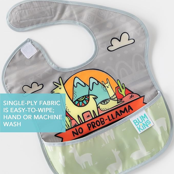 Bumkins - SuperBibs + Sleeved Bib - For Boys & Girls, Babies & Toddlers 6-24 Months - Lightweight, Durable, Waterproof - Catch-All Pocket - Wipeable & Machine Washable - No Prob-llama Green - 3 Pack