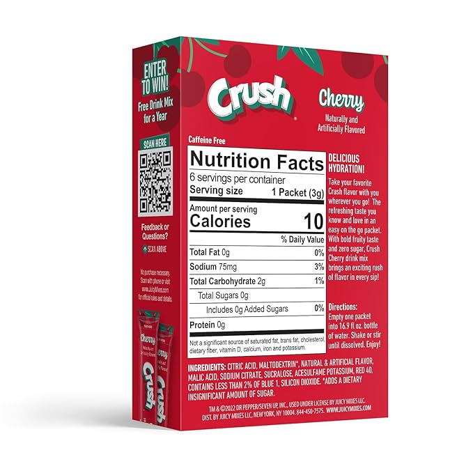Crush- Powder Drink Mix - Sugar Free & Delicious (Cherry, 72 Sticks)