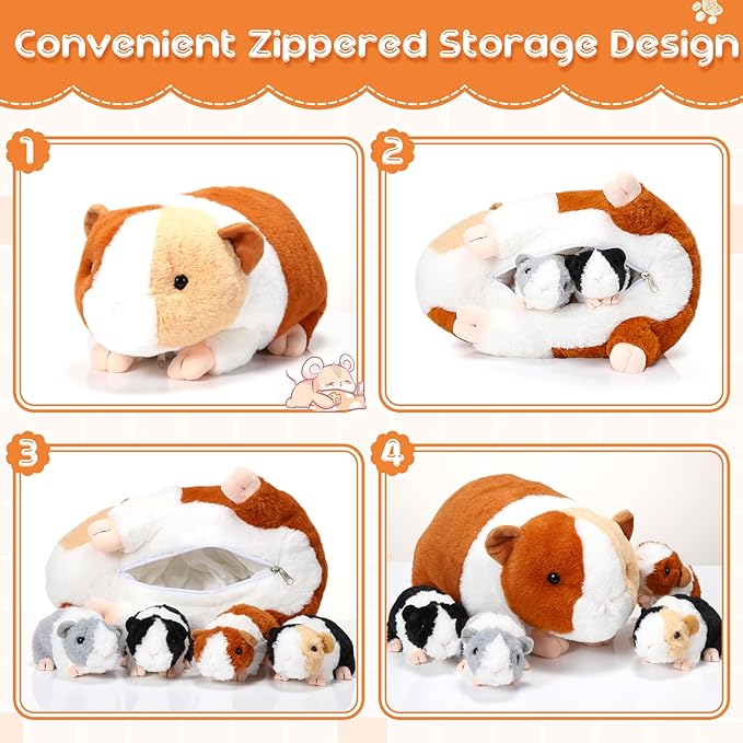 Jenaai 5 Pcs Plush Guinea Pig Stuffed Animals 16 Inch Mama Guinea Pig with 4 Cute Plushie Babies Soft Animals Pillow Gift for Boys Girls Birthday