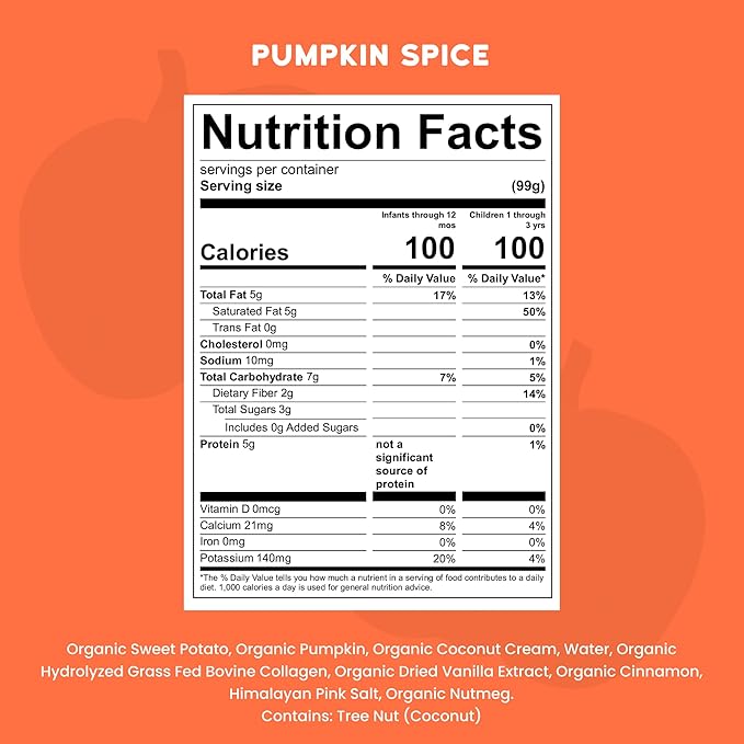 Serenity Kids 6+ Months Pumpkin Smoothie Baby Pouch Food - Dairy-Free USDA Organic - Grass-Fed Collagen & Protein - 3.5 Oz, 6 Pack