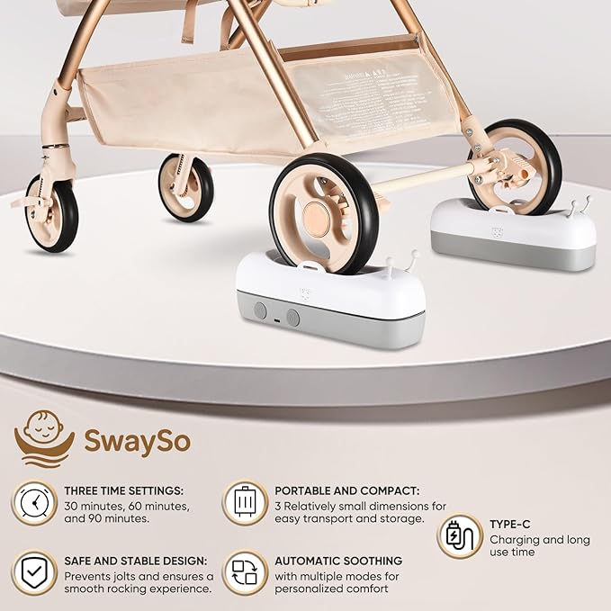 Intelligent Rocker Accessory for Baby Stroller - Automatic Soother for Peaceful Sleep - Type-C Rechargeable Cradle Roller with Adjustable Speed, Remote and Timer- Smart Rocker & Bouncer-SwaySo