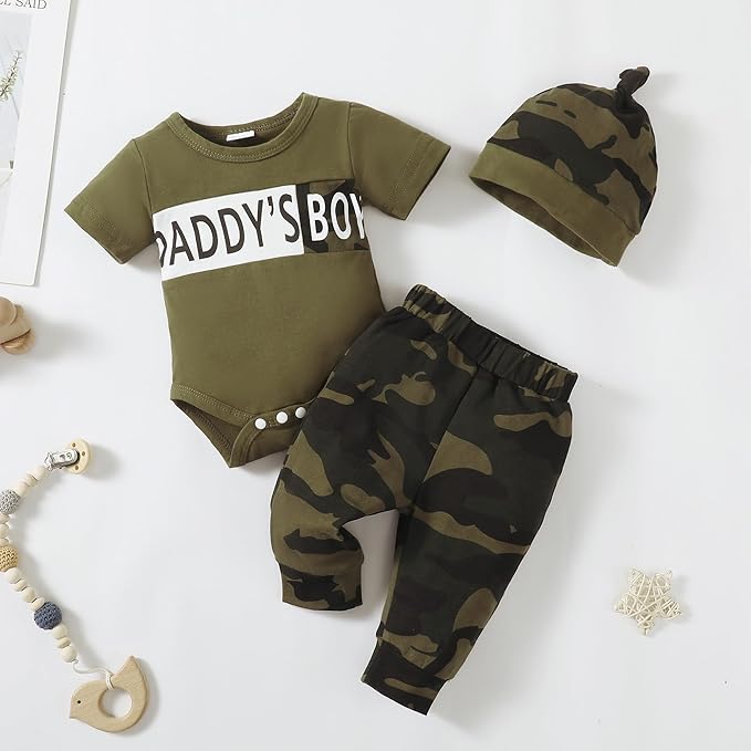 SUNNY PIGGY Baby Boy Clothes Newborn Infant Boys Outfits Romper Hat Pants 3PC Set 0-3 3-6 6-12 12-18 Month Clothing Gift