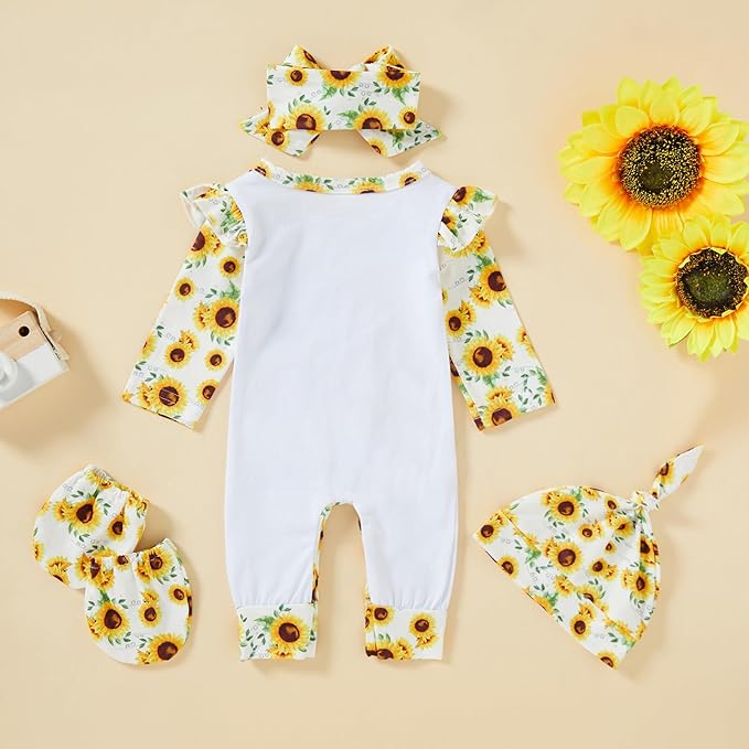 GRNSHTS Newborn Baby Girl Romper Infant Letter Print Jumpsuit Floral Bodysuit+Hat+Headband+Gloves Coming Home Clothes Outfits