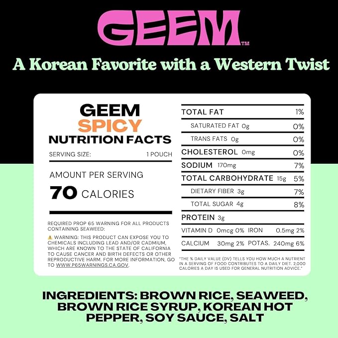 GEEM Seaweed Snacks – Korean Seaweed Chips with Rice Crisps & Sesame | Crunchy, Oil-Free Snack | Vegan, Non-GMO | Great for Kids & Adults | Spicy 4-Pack