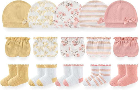 Baby Girls Boys Hats Mittens and Socks Set Cotton Infant Caps Newborn Soft Gloves 0-6 Months