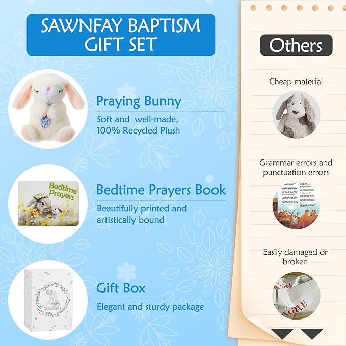 Baptism Gifts for Boys and Newborn Baby, 7" Praying Bunny Plush Toy and Bedtime Blessing Book in Keepsake Gift Box, Christening Gifts Set, Ideal Easter Gifts for Kids