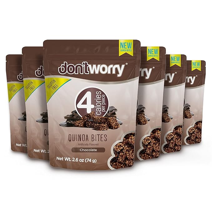 Don't Worry Chocolate Quinoa Bites - Low Calorie Snacks, Only 4 Calories per Piece, Healthy Granola Mini Bars, Low Carb Quinoa Crisps, Gluten Free Protein Snack - (Chocolate, 6 Pack)