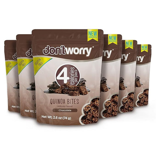 Don't Worry Chocolate Quinoa Bites - Low Calorie Snacks, Only 4 Calories per Piece, Healthy Granola Mini Bars, Low Carb Quinoa Crisps, Gluten Free Protein Snack - (Chocolate, 6 Pack)