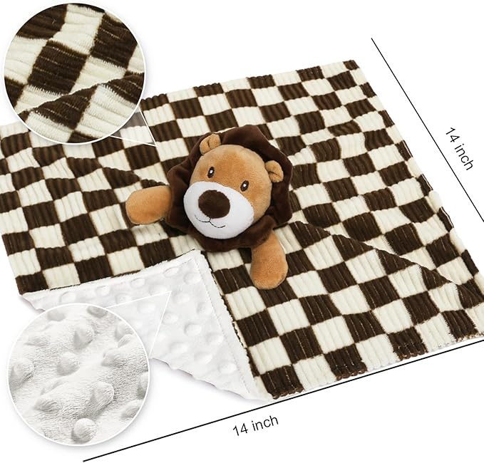 Baby Lovey Blanket for Boys Girls Super Soft Checkerboard Gingham with Minky Dot Fabric Backing Lion Lovely Black 14 Inch