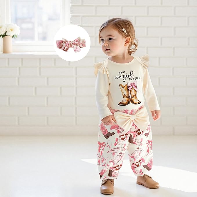 Fernvia Western Newborn Baby Girl Clothes Long Sleeve Letter Print Romper Animal Print Pants Headband 3Pcs Outfits Sets