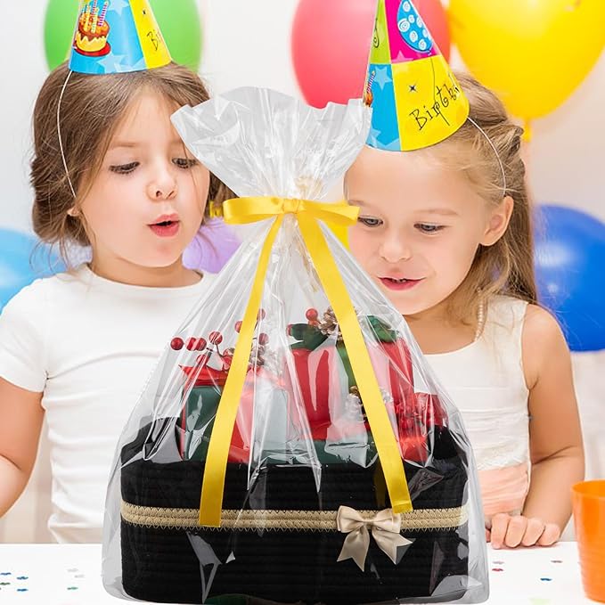 OIAHOMY Large Woven Storage Basket with Handles for Nursery Living Room Shelves, Bow Basket for Gifts Empty with Gift Bags and Ribbons for Baby Showers Pet Toy Bin - Black