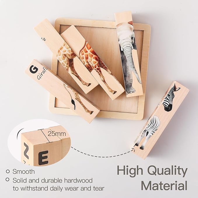 Wooden Safari Animals Learning Puzzle Set, 4-in-1 Block Puzzles for Toddlers 18 Months+, Educational Montessori Toys with Storage Tray