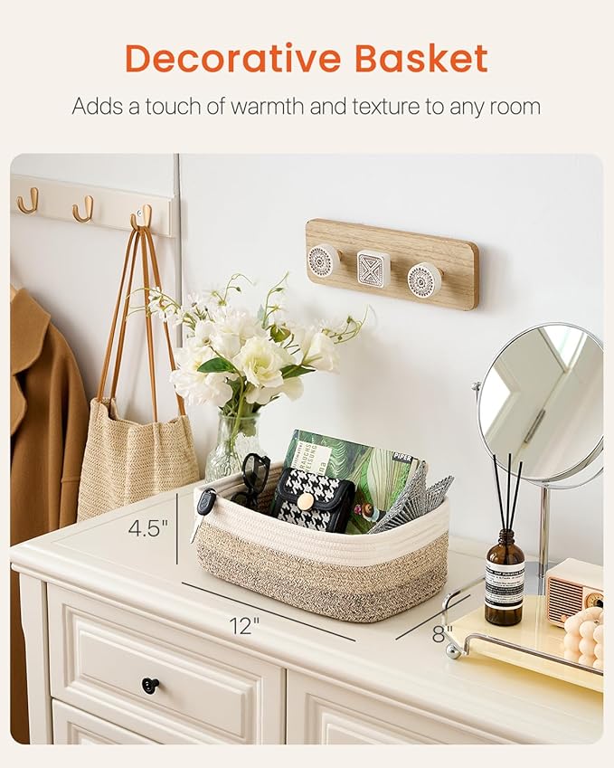 Small Woven Basket, 12 x 8 x 4.5 Inches, Storage Basket for Organizing, Cute Small Rope Shelf Closet Cube Storage Bins Baskets for Shelves, Dog Toy Gift Baskets Empty, 3 Pack Gradient Brown