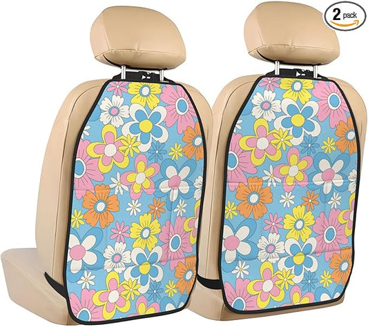 Retro Flowers Car Kick Mats Back Seat Protector 2 Pack Auto Seat Back Covers with 3 Organizer Travel Accessories Universal Vehicle Interior from Dirt, Mud
