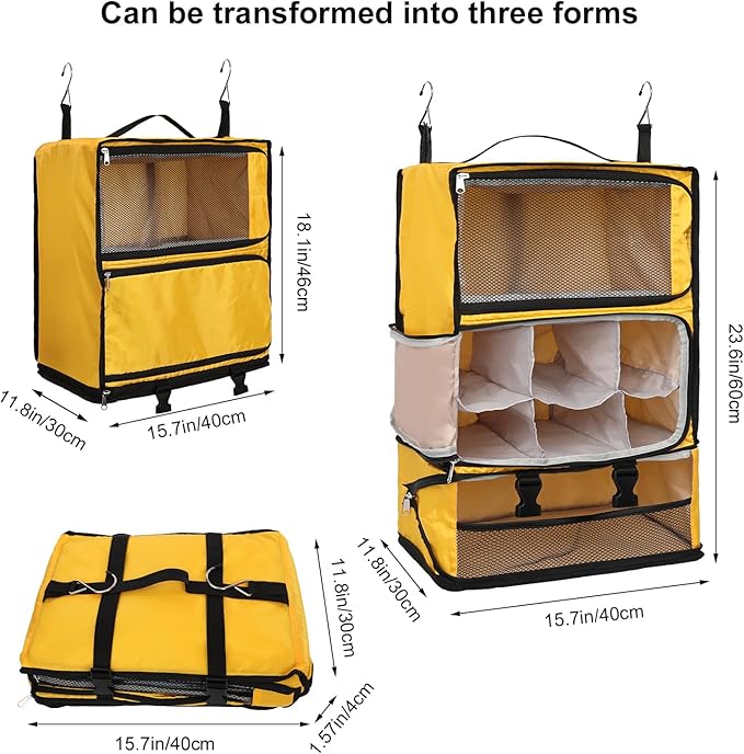 TABITORA Travel Portable Hanging Shelves Closet Organizer Packing Luggage Storage with Multifunctional and Foldable Invisible Compartment,Lightweight, for Suitcase, RV,Closet…Yellow,XXL