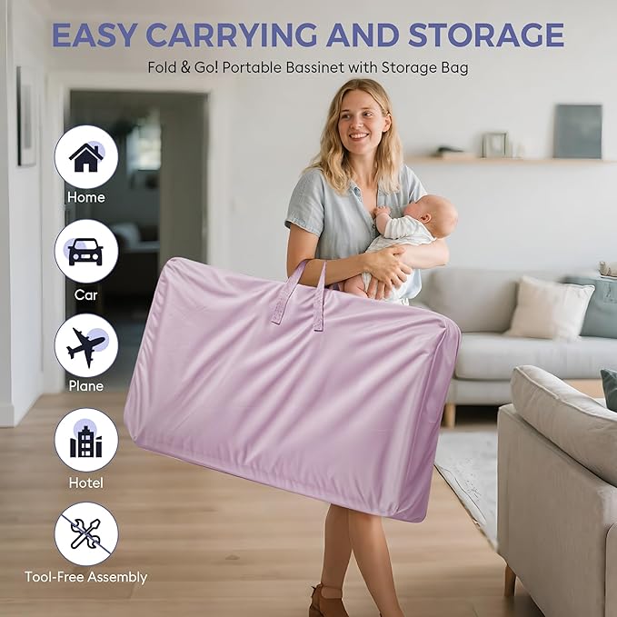 Baby Bassinet Bedside Sleeper, Upgraded Stability Bedside Crib with Full Mesh Sides, Soft Sheet, 6-Height Adjustment, Storage Basket, Easy Folding Portable Bassinet for Newborns,Pinkish Purple