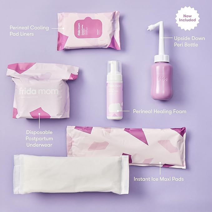 Frida Mom 11pc Postpartum Essentials Kit Gift Set, Hospital Bag Must Haves for New Mom, Includes 4 Disposable Postpartum Underwear, 4 Ice Maxi Pads, Perineal Healing Foam & 24 Pad Liners & Peri Bottle