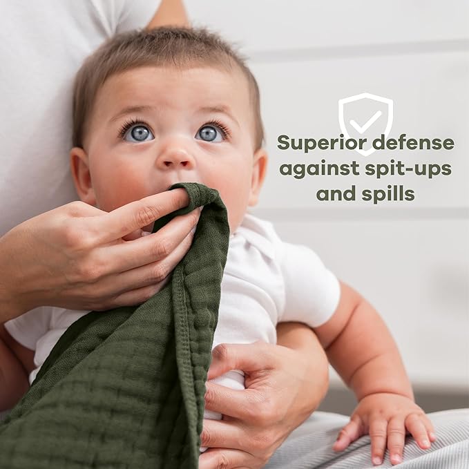 Comfy Cubs Muslin Burp Cloths 20" x 10", Pack of 10 - Large, 6-Layer, Ultra Absorbent 100% Cotton for Baby Drool and Messes - Soft, Safe & Gentle Baby Burp Cloths for Boys & Girls - Kelp